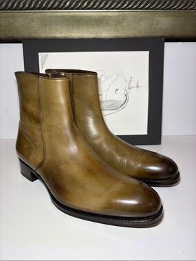 TOM FORD Elkan Bronze/Olive Burnished Leather Zi-Up Ankle Boots Men’s US 10.5